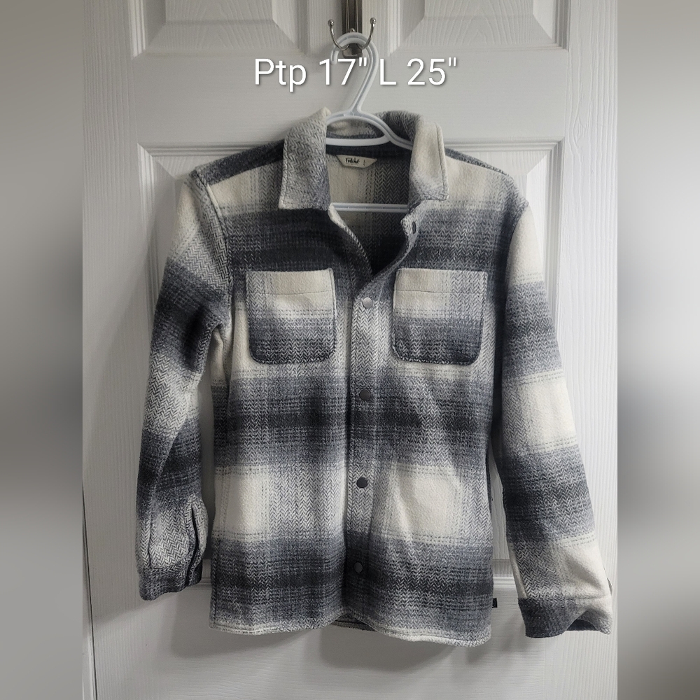#506 Far West Grey White Plaid Button Down Sweater sz L